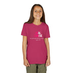A young girl with long brown hair stands against a plain white background wearing a magenta pink t-shirt with a white and pink graphic that reads and 'For with God nothing is impossible Luke 1:37'.