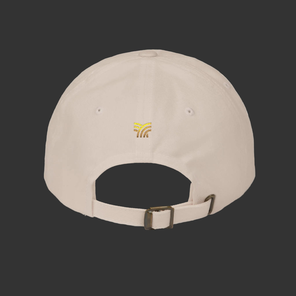 Beige cap with a dark gray back panel and visible brand logo on a grey background