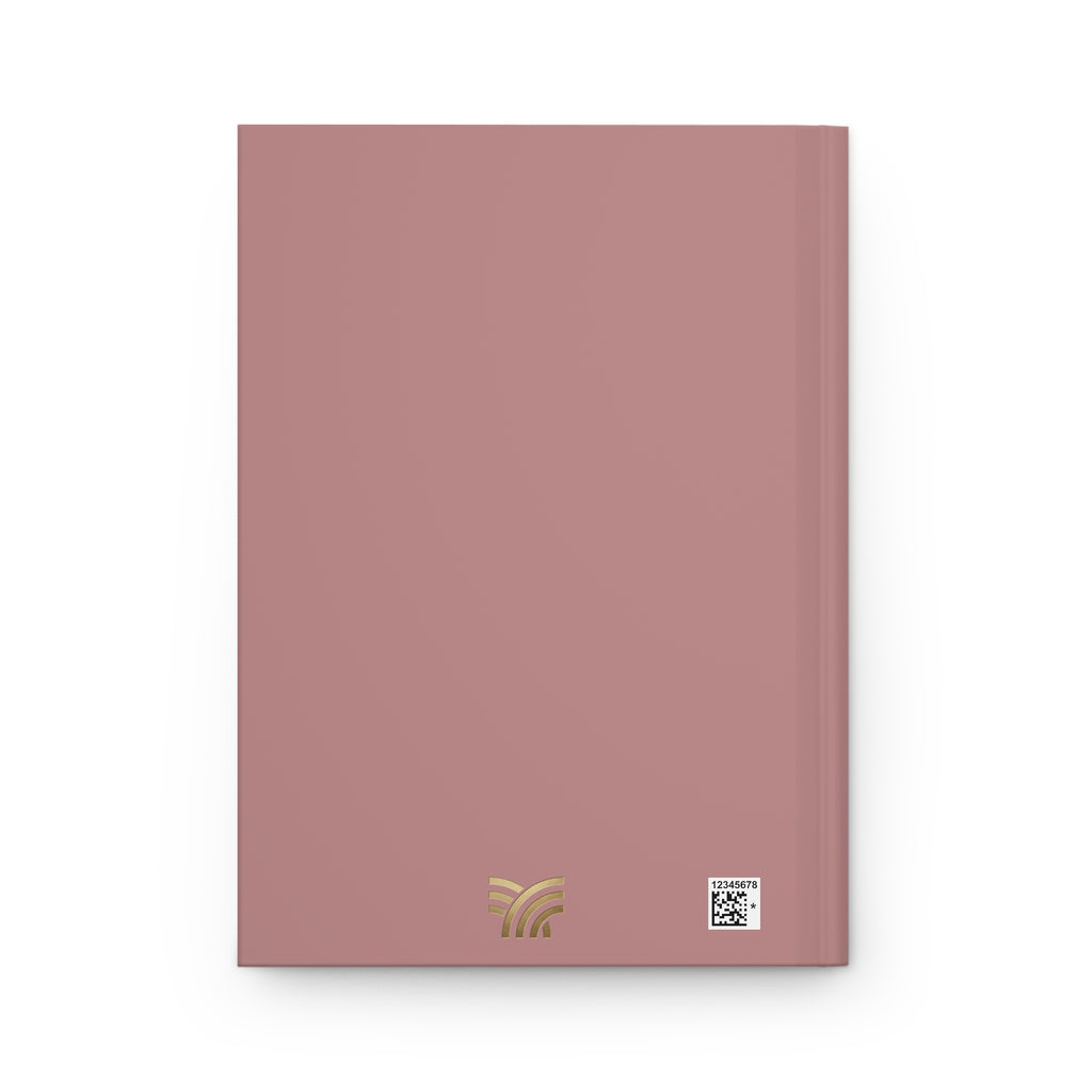 Pink notebook with a gold logo and QR code on a white background