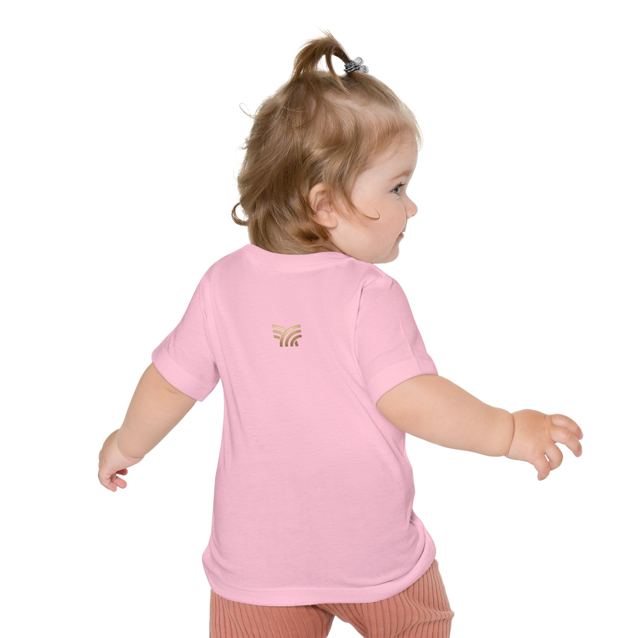 Child wearing a pink t-shirt with a logo on a white background