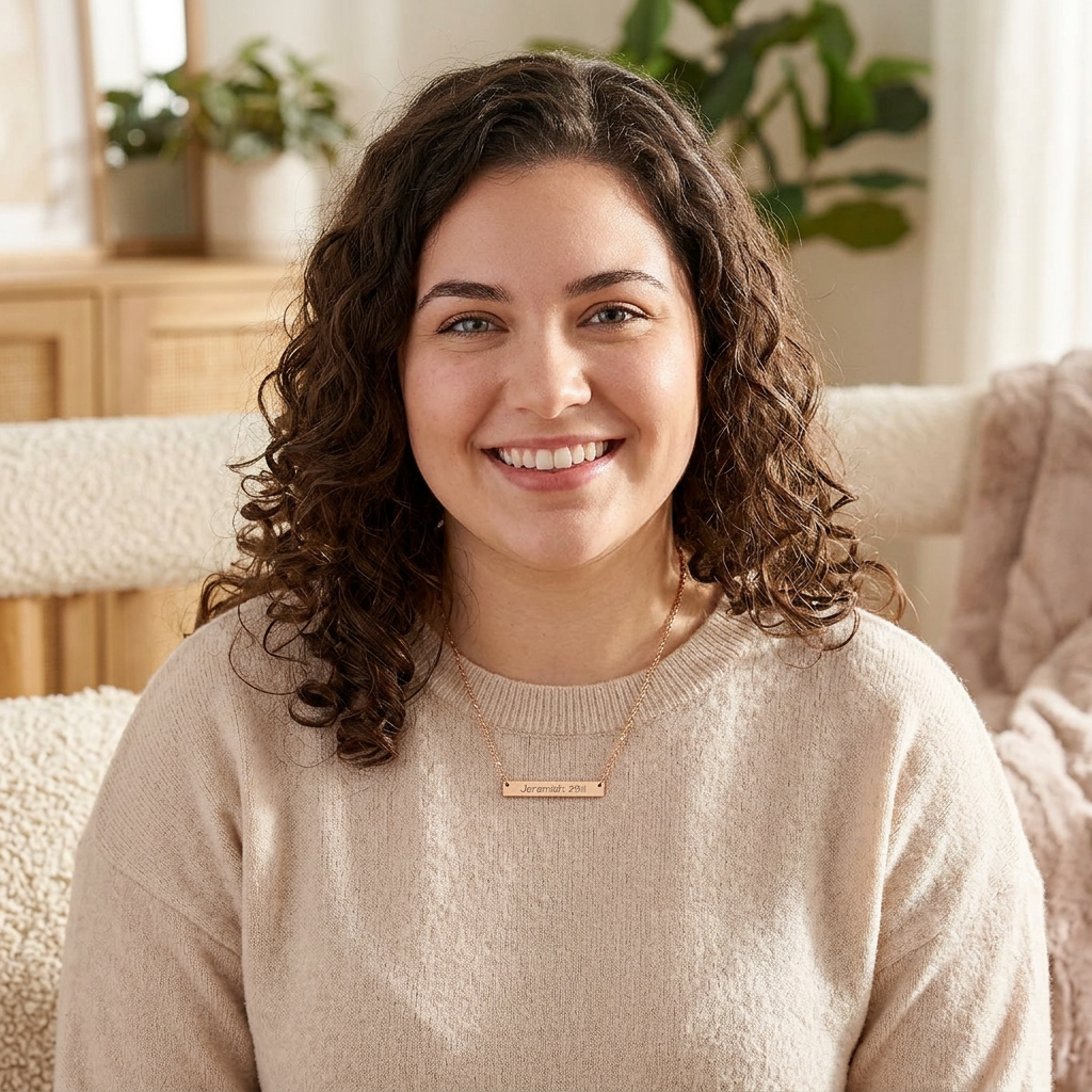 Woman wearing a beige sweater with a necklace, sitting in a cozy room with plants and furniture.