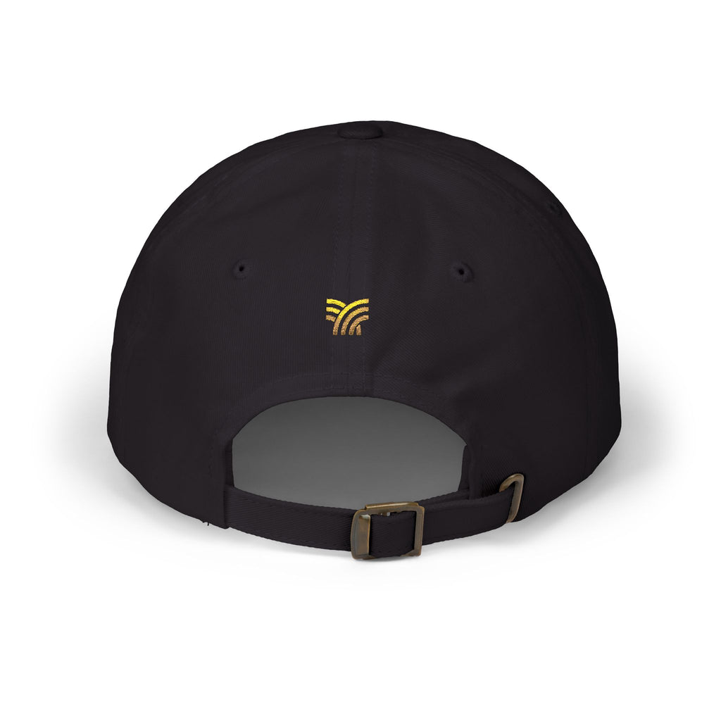 Black cap with a gold yellow' on back flavored and blessed  a white background,highly favored and blessed 