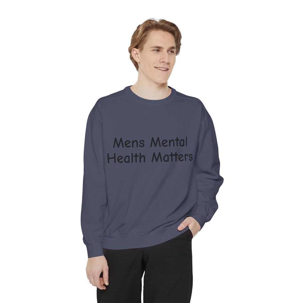 Man wearing a navy blue sweatshirt with a logo on a white background