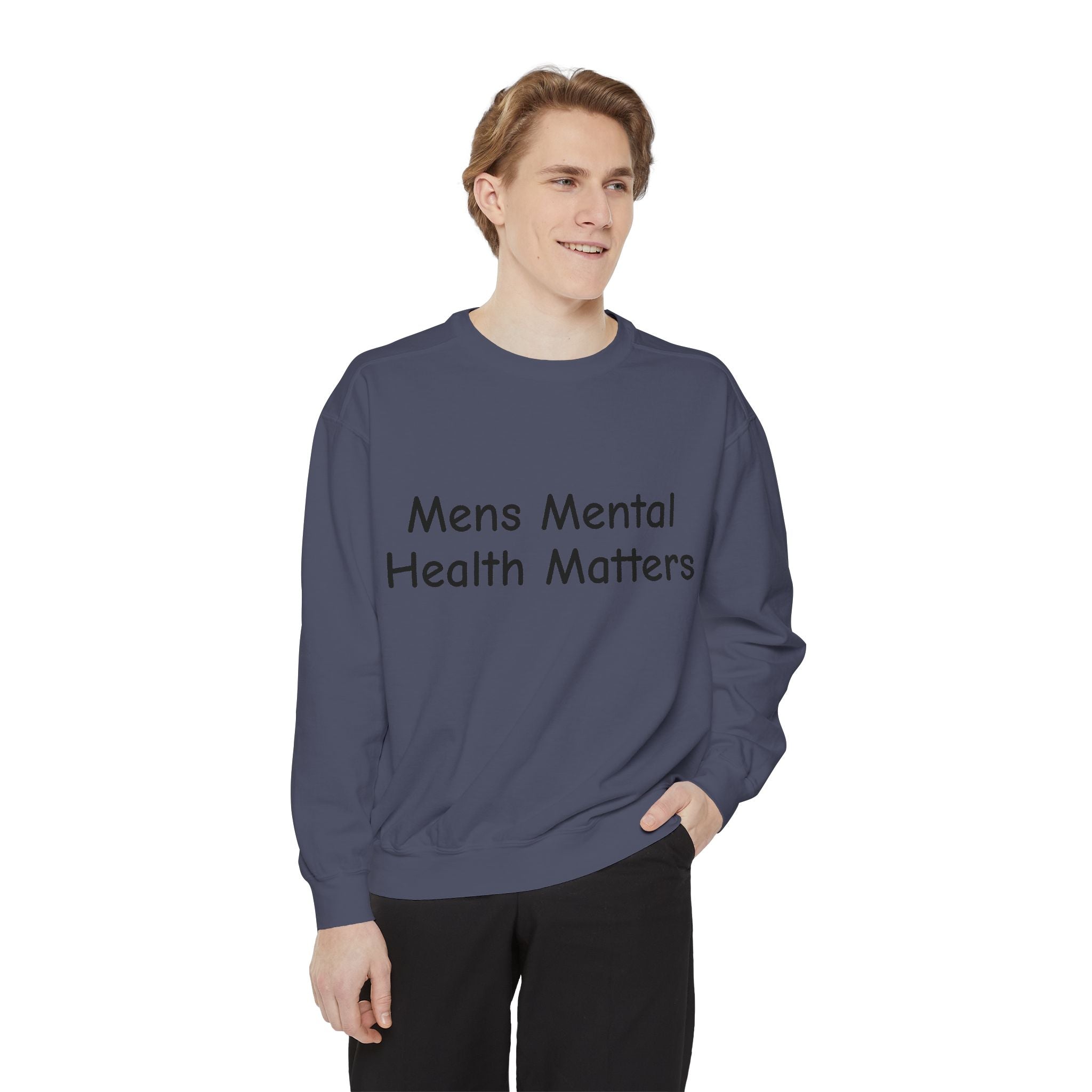 Man wearing a navy blue sweatshirt with a logo on a white background