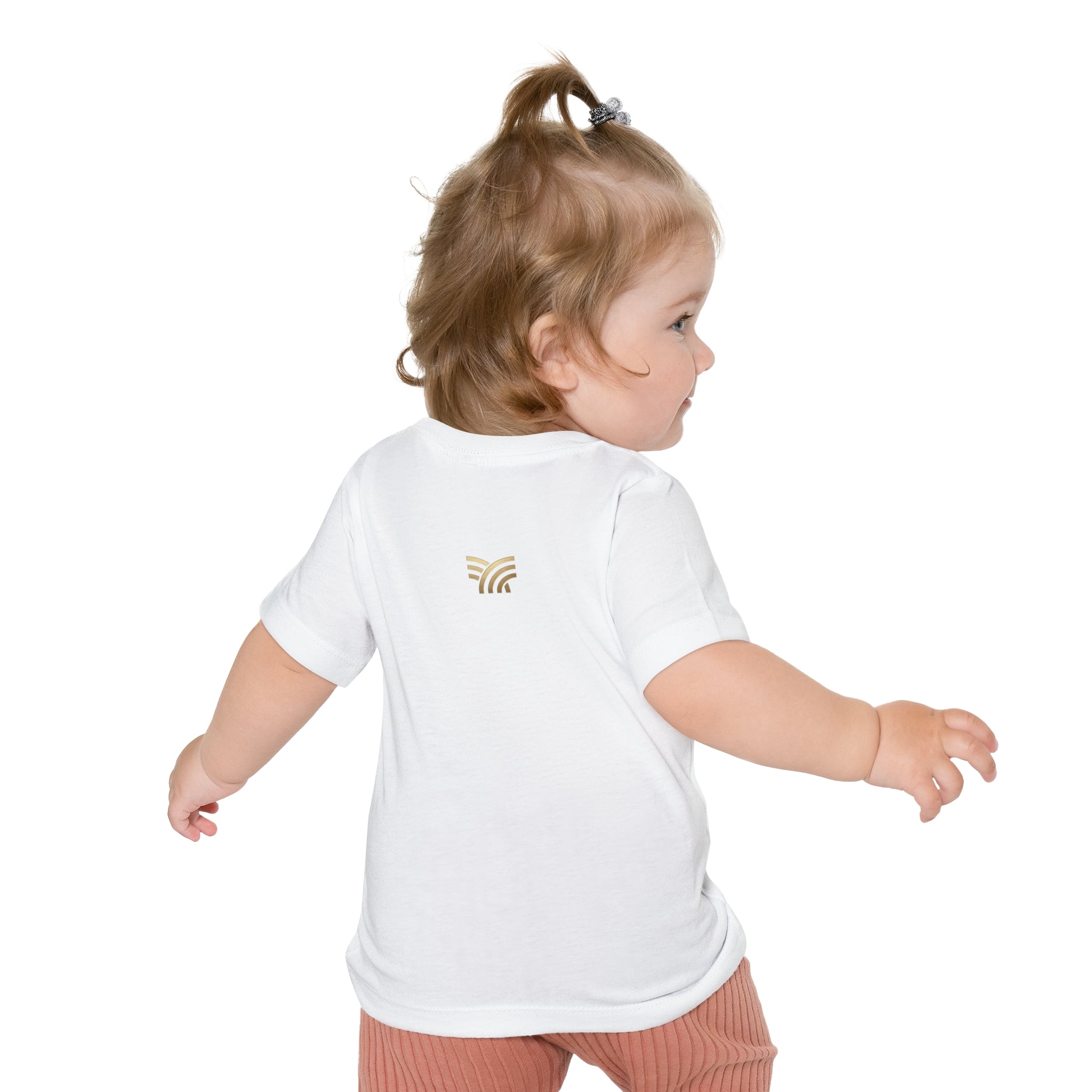 Child wearing a white t-shirt with a logo on a white background
