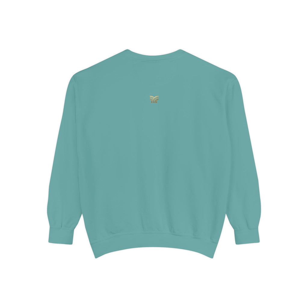 Teal sweatshirt with a logo on the back against a white background