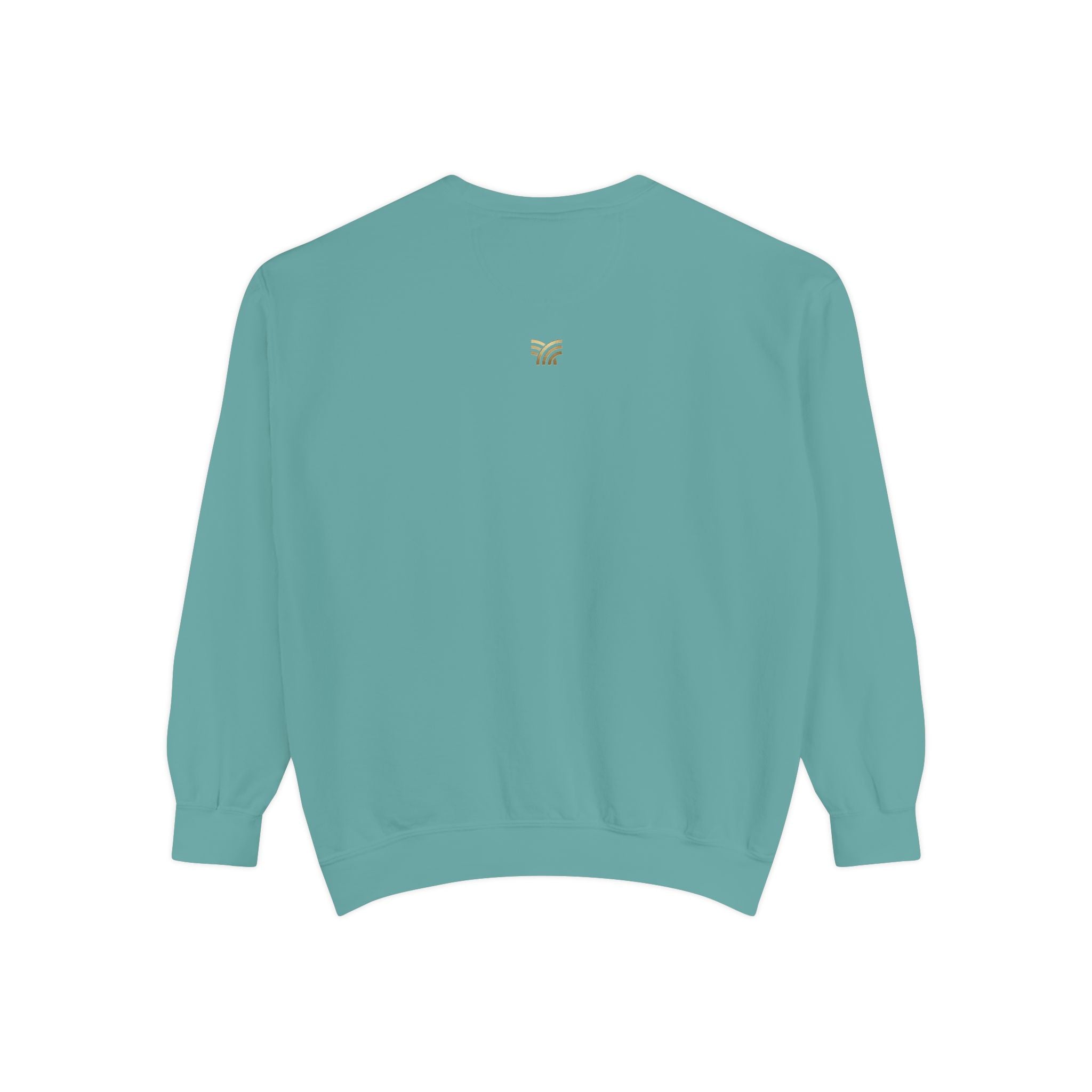 Teal sweatshirt with a logo on the back against a white background