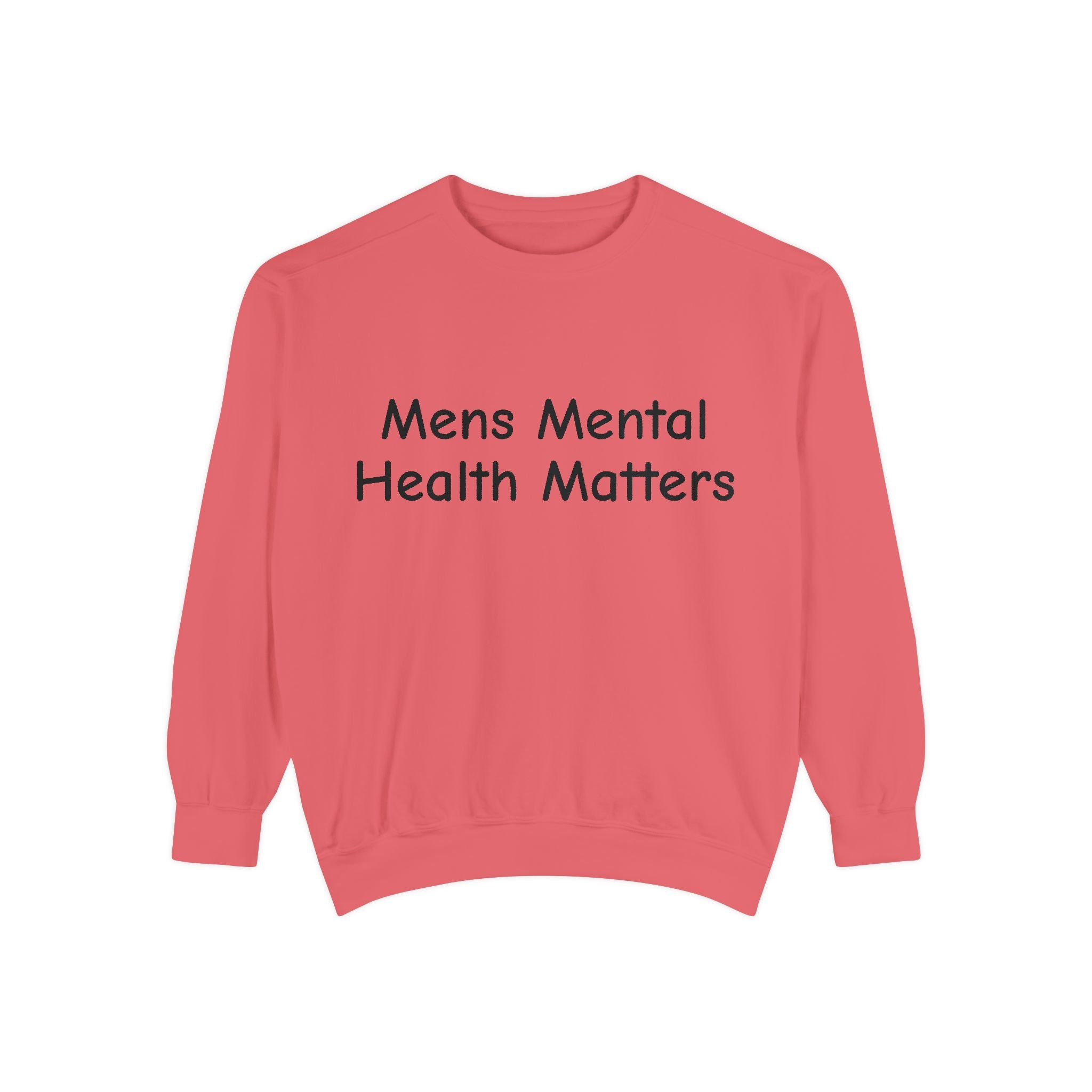 Red sweatshirt with 'Mens Mental Health Matters' text on a white background